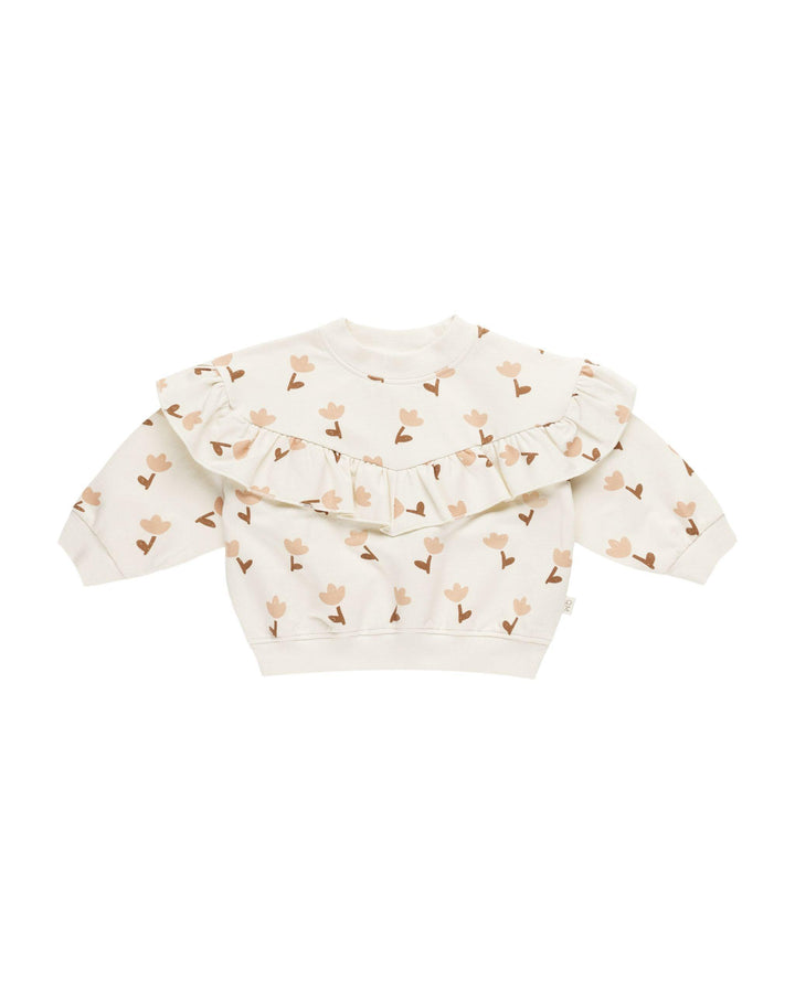 beige sweatshirt with ruffle across the chest. dusty rose tulips and taupe stems and leaves  as an all over print. 