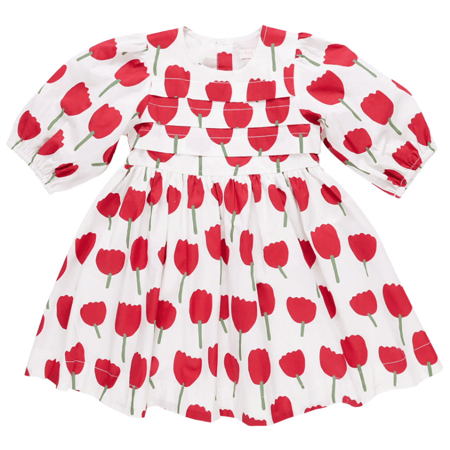 3/4 sleeve dress with balloon sleeves and pleats across the chest.  white background with big red tulips all over. 