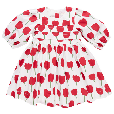 3/4 sleeve dress with balloon sleeves and pleats across the chest.  white background with big red tulips all over. 