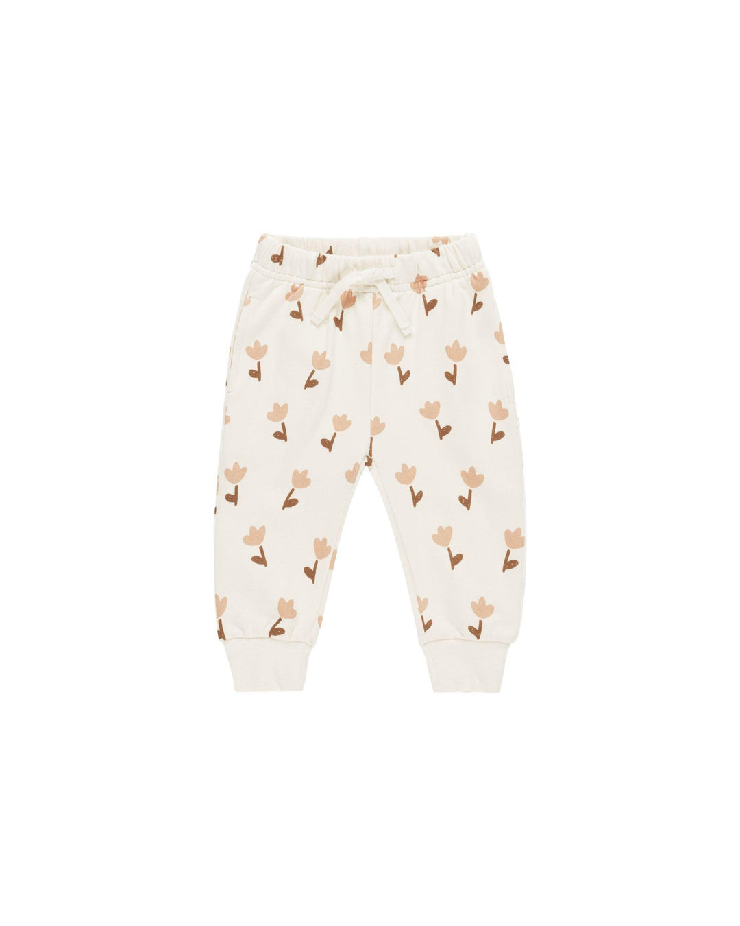 relaxed joggers, beige base color with dusty rose tulips and taupe stems and leaves print all over. 