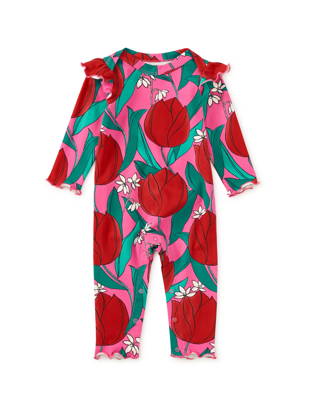 A baby long-sleeve romper with ruffled cuffs and collar, featuring a vibrant pink background with a red tulip and green leaf pattern, accented with small white flowers.