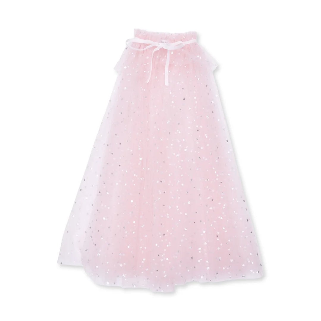 A light pink tulle dress with scattered silver glitter stars shown against a plain white background.