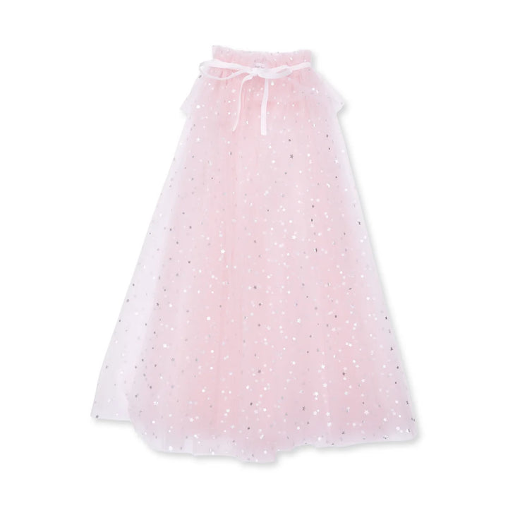 A light pink tulle dress with scattered silver glitter stars shown against a plain white background.
