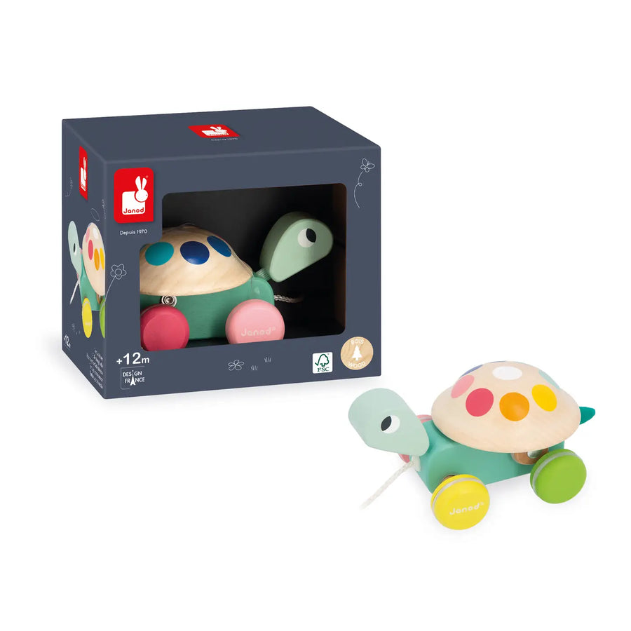 Colorful turtle-shaped toy with wooden body and plastic wheels next to its packaging on a white background