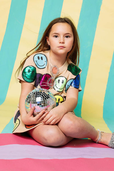 Tween Bottom | Tan & Rainbow Scattered Smiley Face Skort| Queen of Sparkles - The Ridge Kids