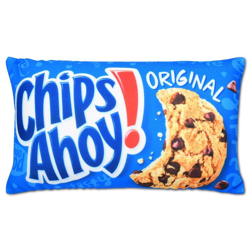 Chips Ahoy cookie pillow with blue packaging and a chocolate chip cookie on a white background