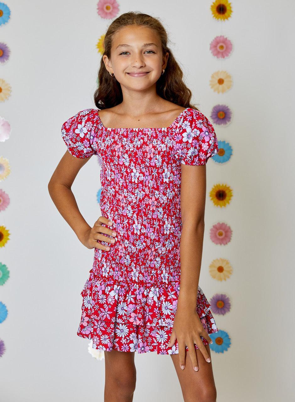 Tween Dresses | Girls Red Combo Floral Print Smocked Dress | Design Hi The Ridge Kids Tween Dresses | Girls Red Combo Floral Print Smocked Dress | Design Hi The Ridge Kids