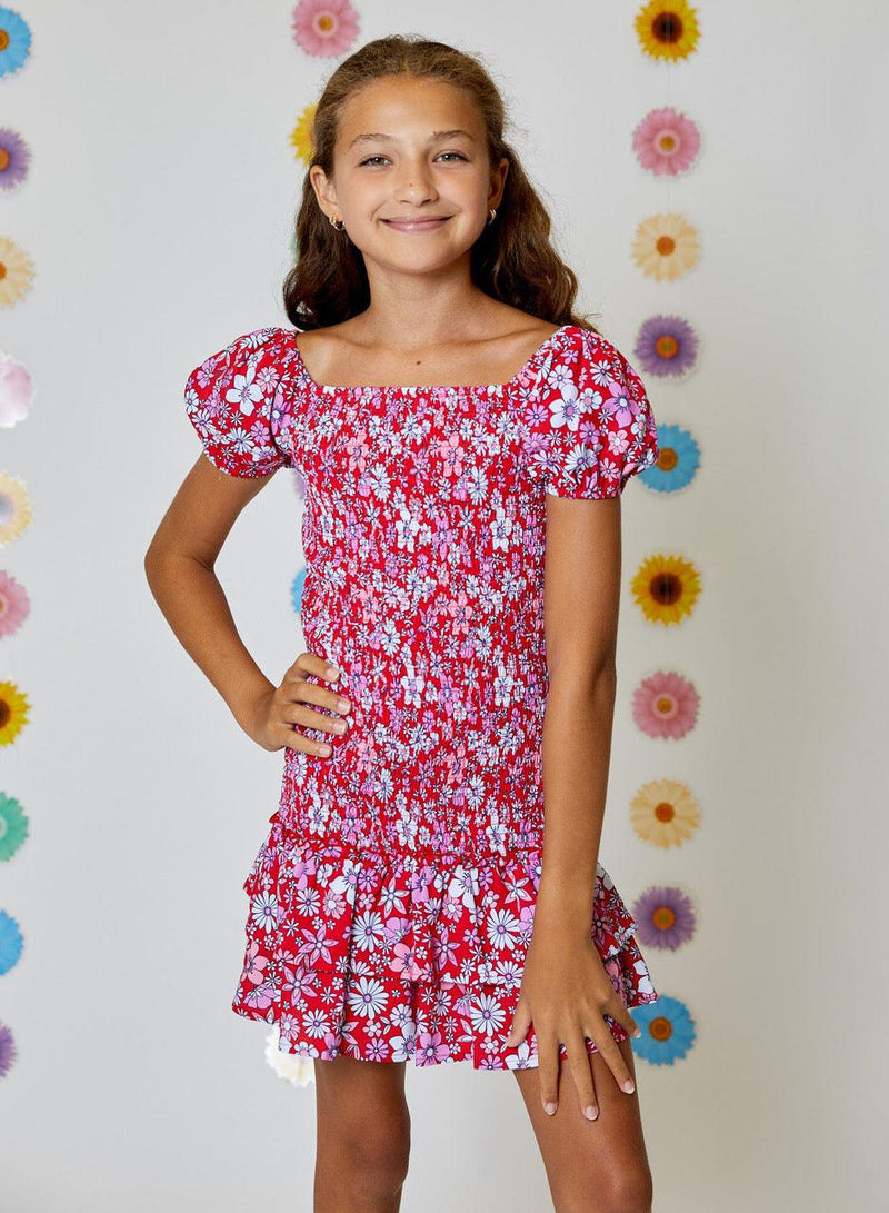 Tween Dresses | Girls Red Combo Floral Print Smocked Dress | Design History - The Ridge Kids