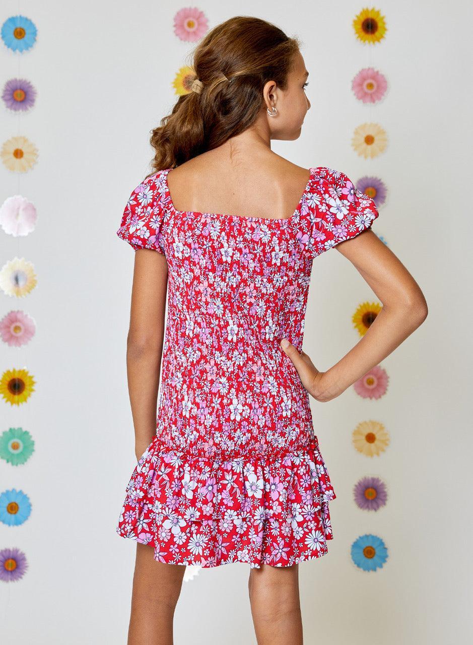 Tween Dresses | Girls Red Combo Floral Print Smocked Dress | Design Hi The Ridge Kids Tween Dresses | Girls Red Combo Floral Print Smocked Dress | Design Hi The Ridge Kids