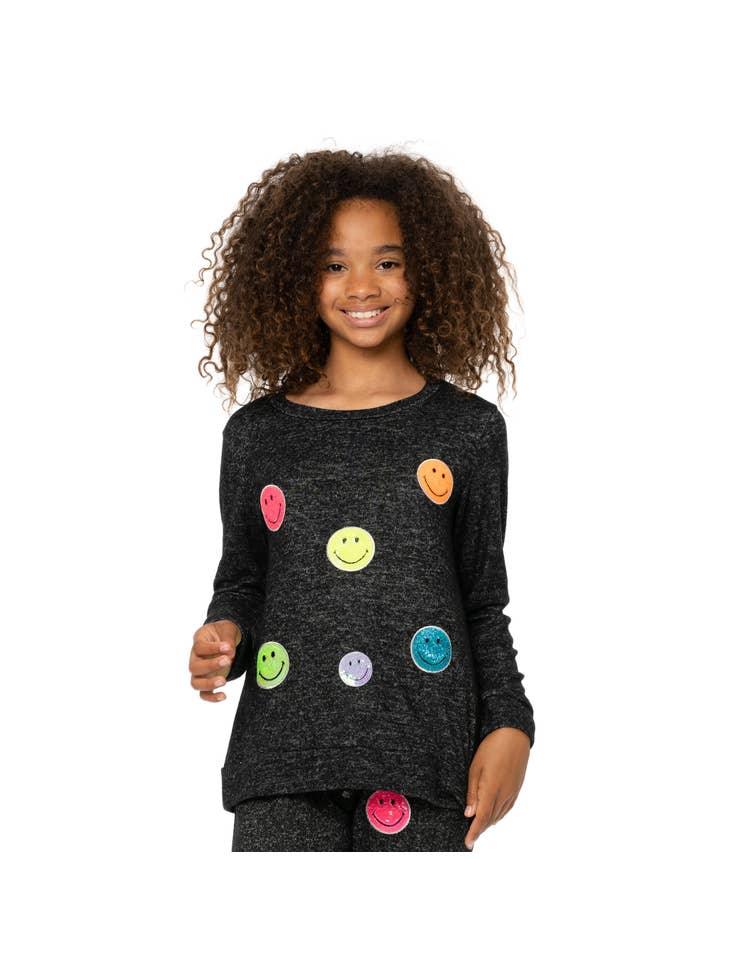 Tween Sweatshirts | Sequin Smiley Face Patches- Charcoal | Malibu Sugar - The Ridge Kids