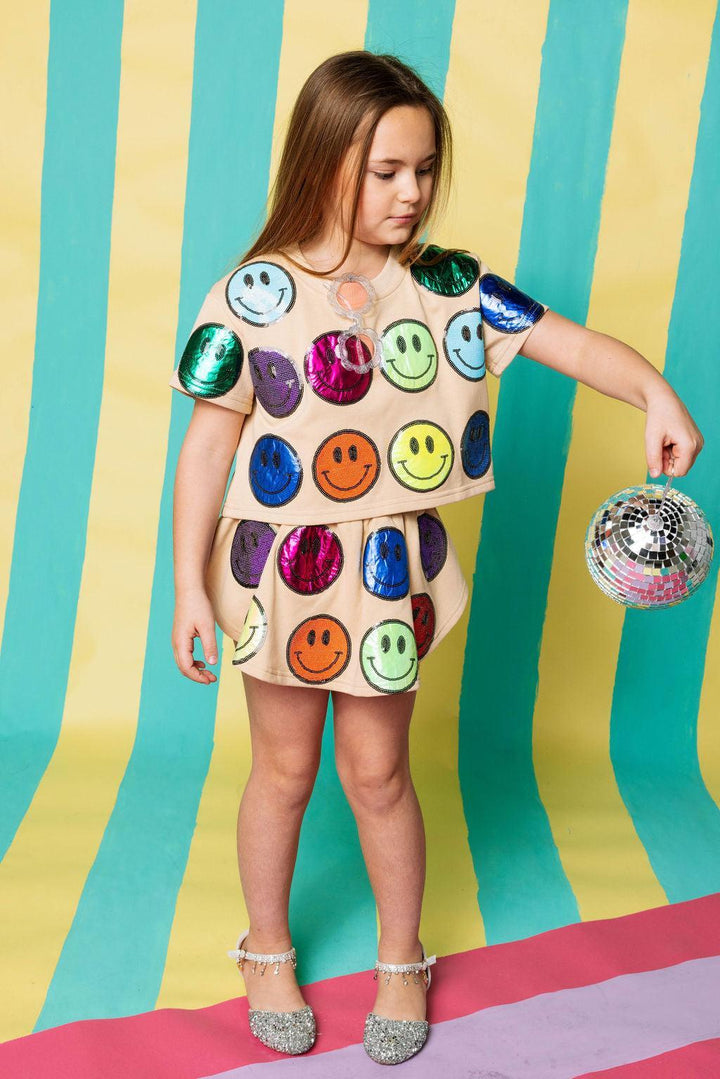 Tween Top | Tan & Rainbow Scattered Smiley Face Top| Queen of Sparkles - The Ridge Kids