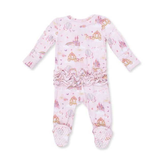the back of the baby footie with a princess, rainbow, unicorn and castle print. ruffles on the bum