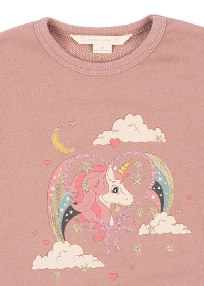 Pink sweatshirt, more of a dusty rose color. Unicorn design: unicorn inside of a heart surrounded by a rainbow and clouds. 