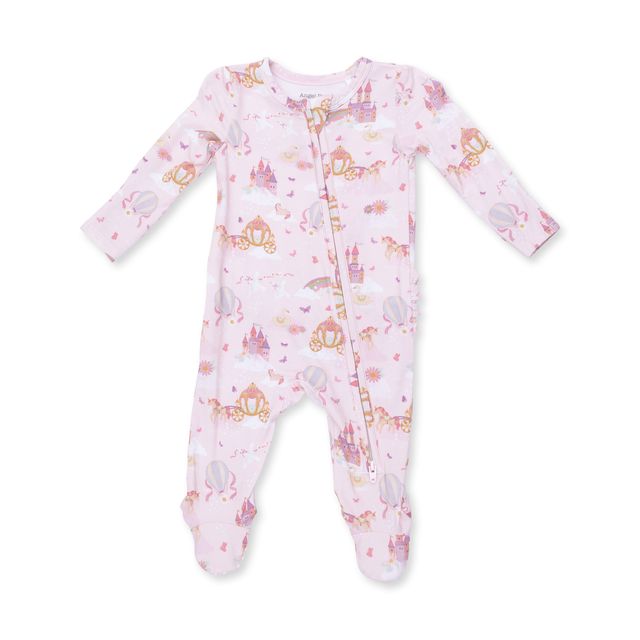 front of the baby girl footie pink with pastel castles, unicorns and carriages. 