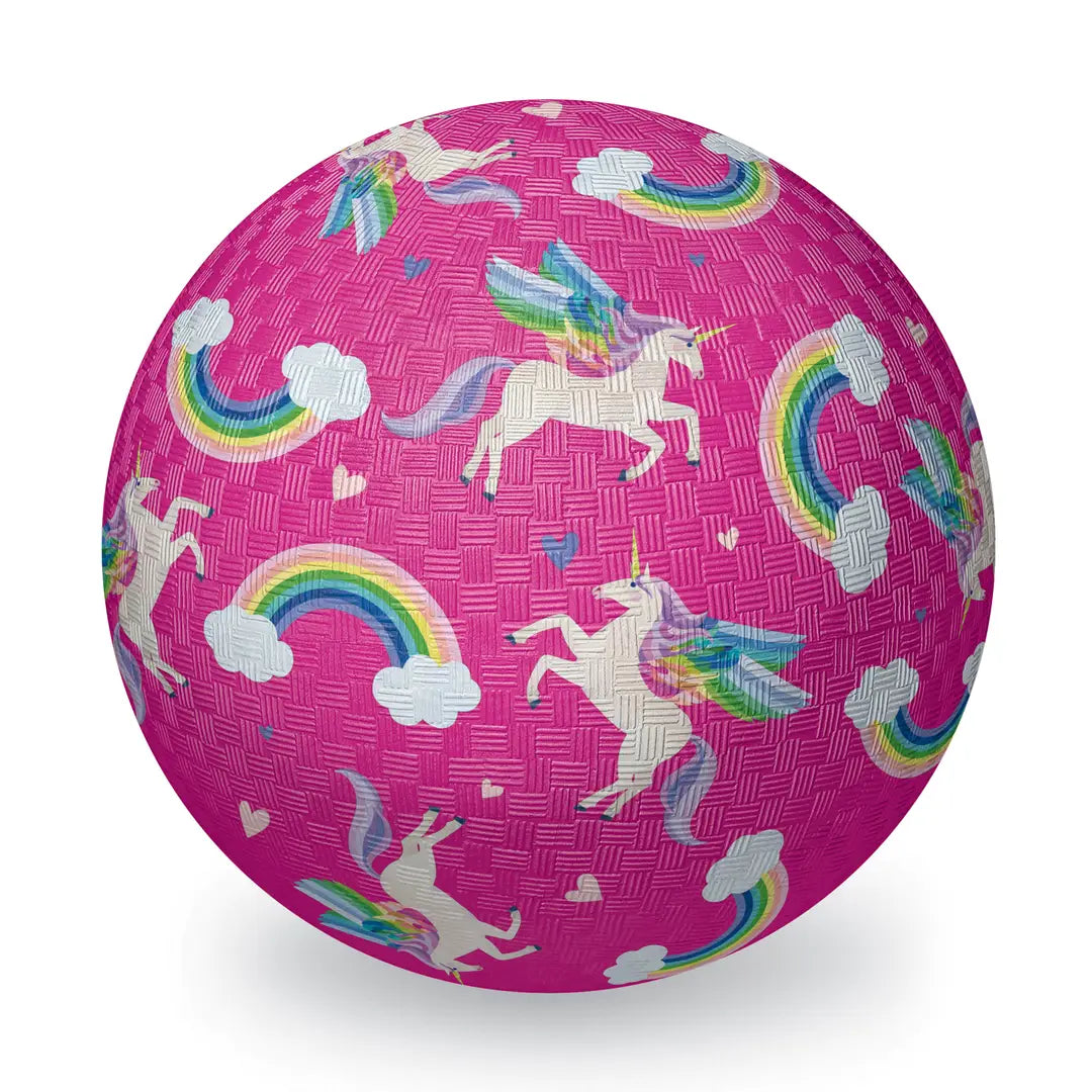 Pink ball with unicorn and rainbow patterns on a white background