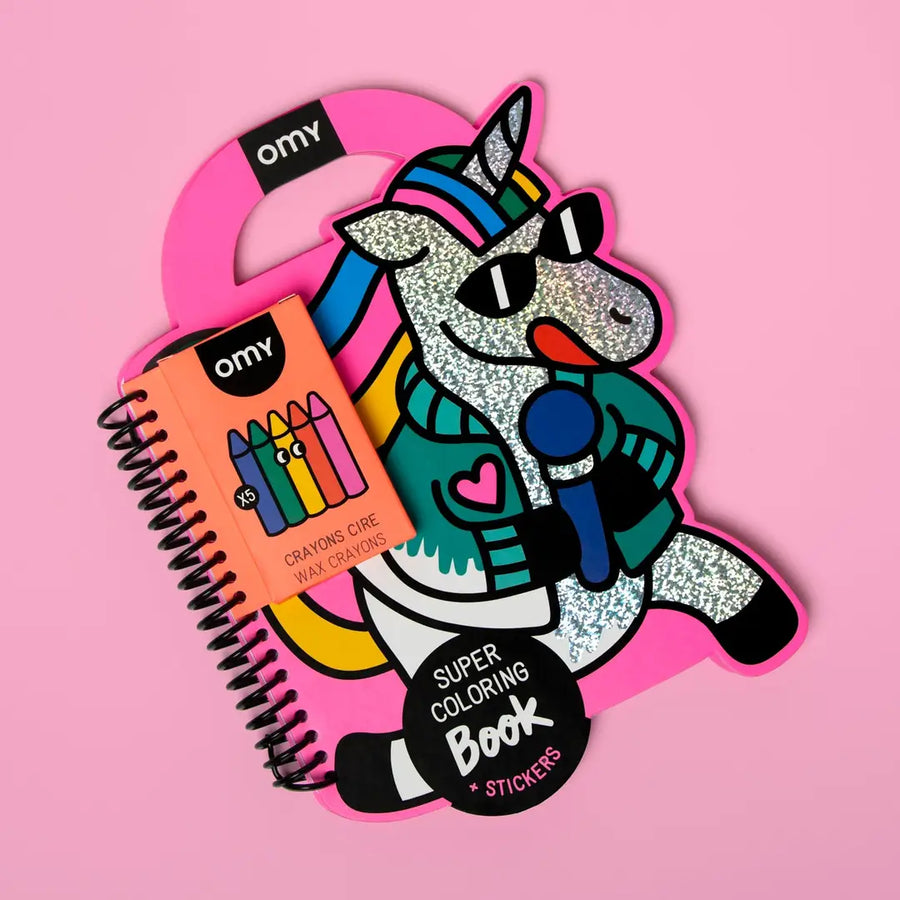 unicorn with a microphone in a traveling coloring book format with crayons attached. 