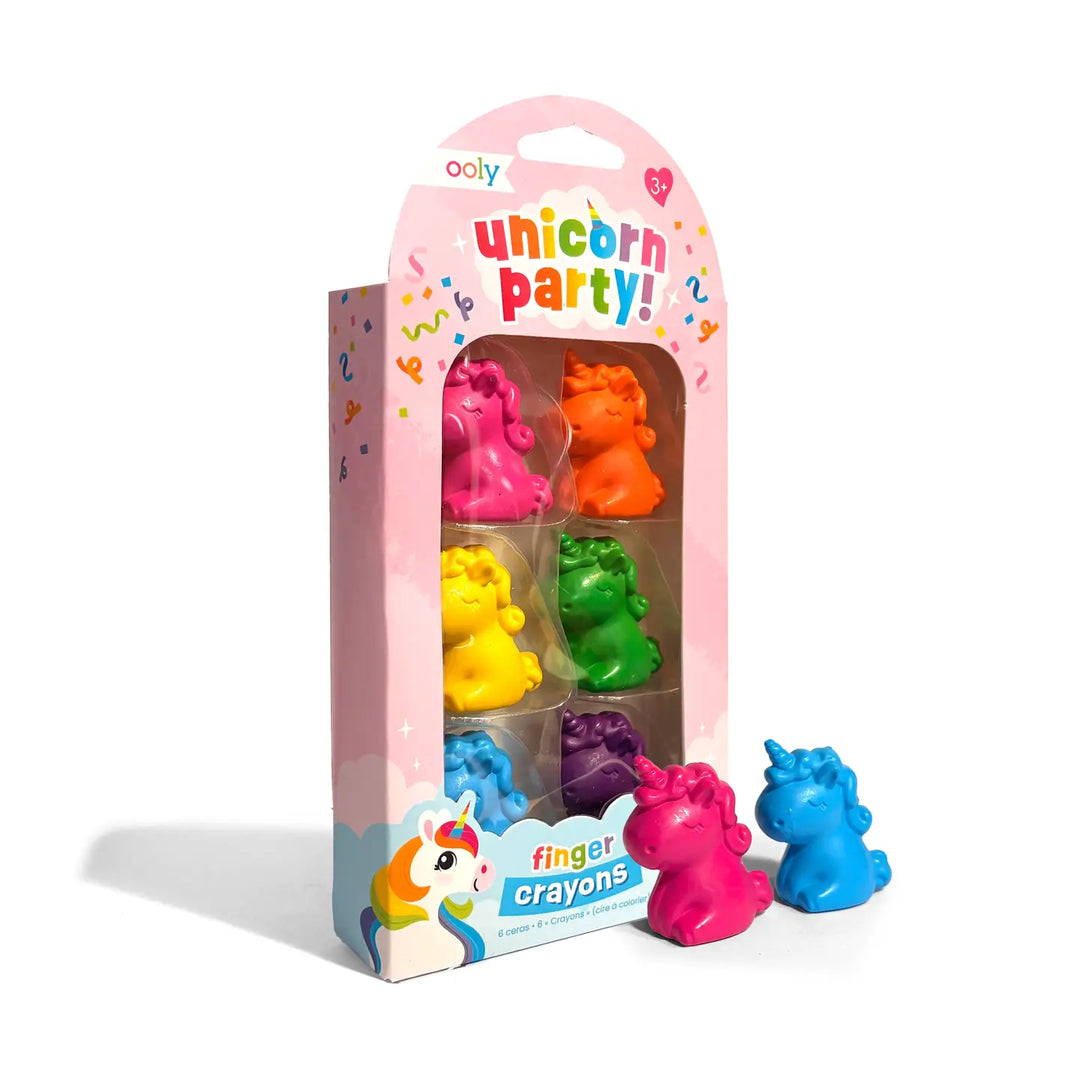 Ooly Unicorn Party finger crayons in a pink retail box with three colorful crayons displayed in front on a white background.