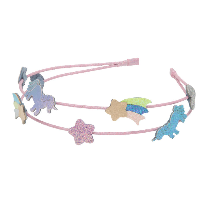 A pink elastic headband decorated with glittery, pastel-colored unicorn and star charms, shown against a plain white background.