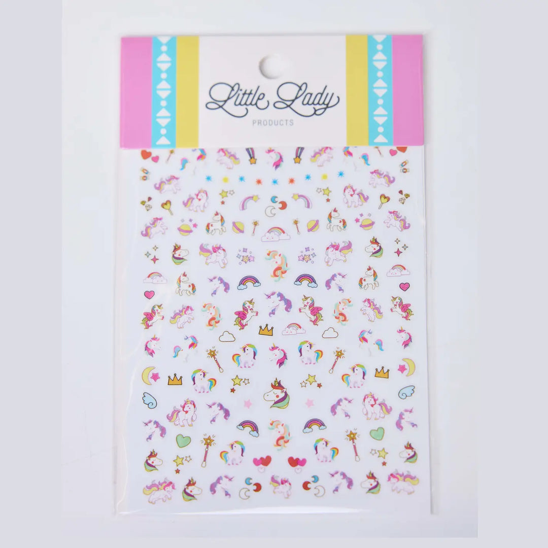 Sheet of colorful stickers with 'Little Lady' branding on a white background