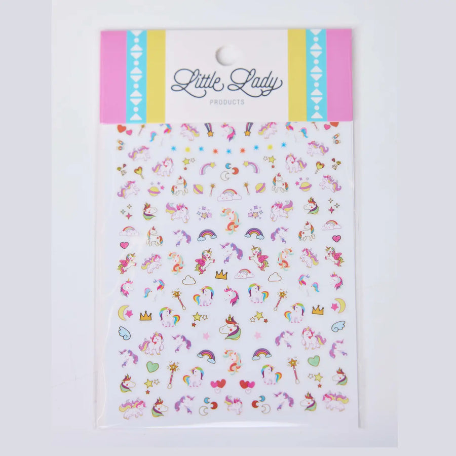 Sheet of colorful stickers with 'Little Lady' branding on a white background