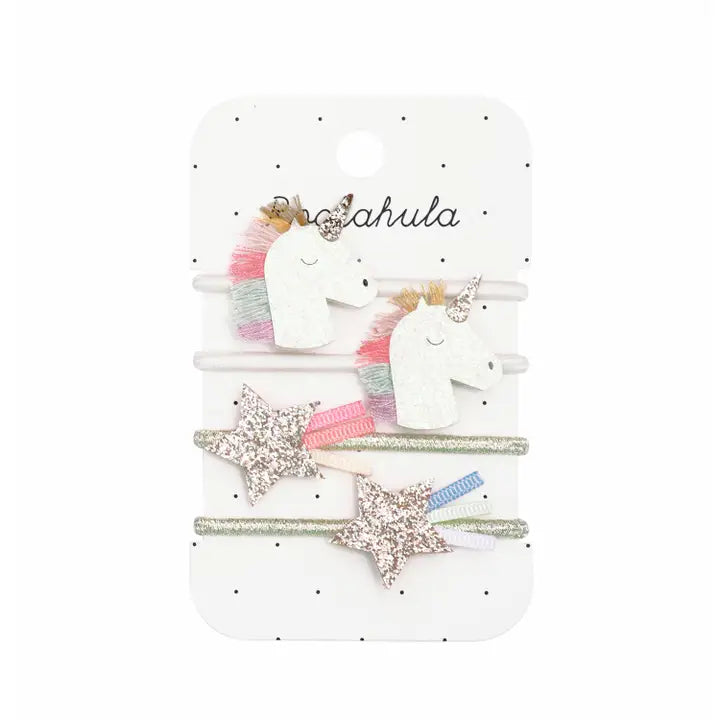 set of 4 hair ties, 2 unicorn and 2 stars with gold glitter stars on top