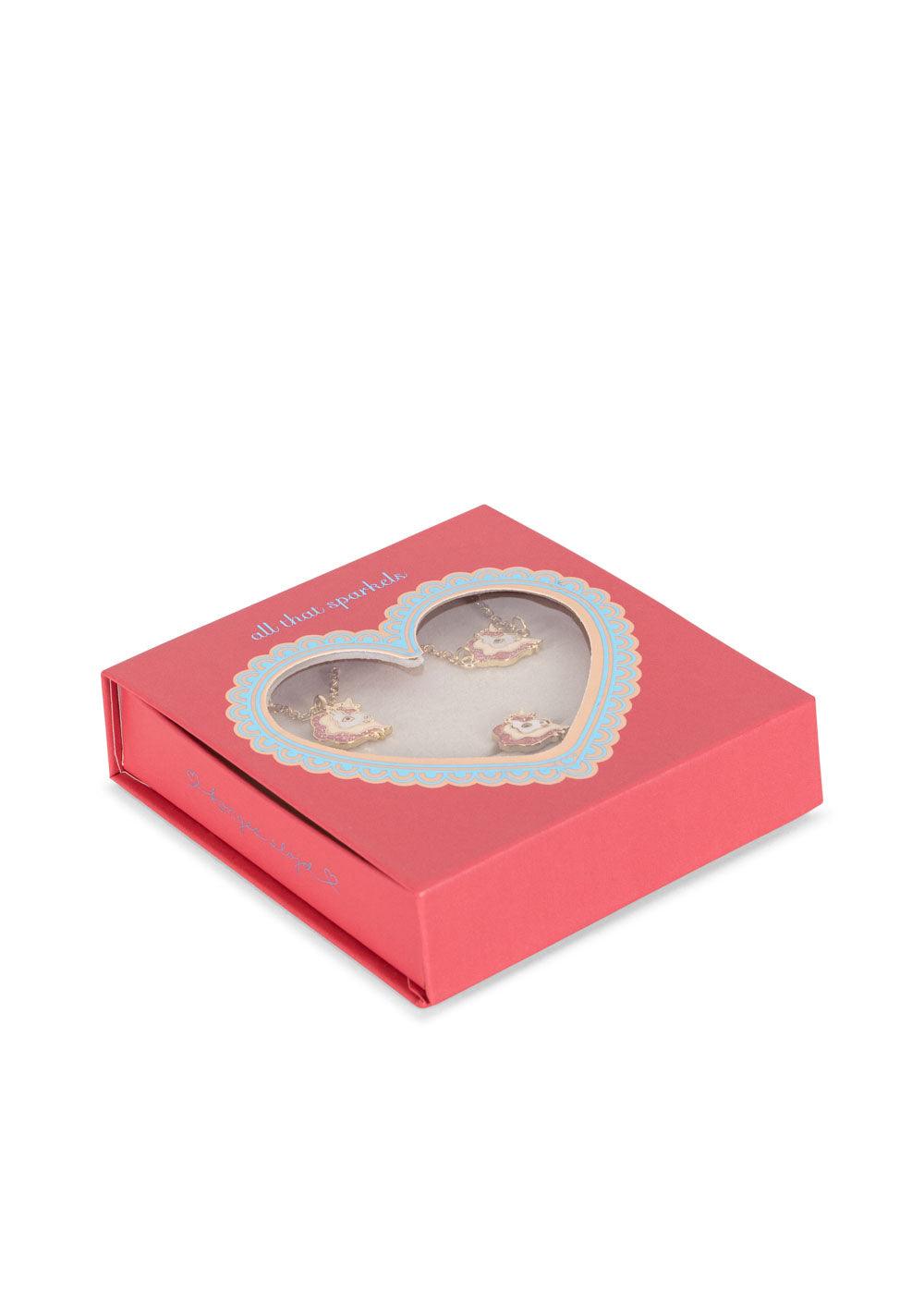 the pink packaging that contains necklace, bracelet and ring with unicorn pendants. 