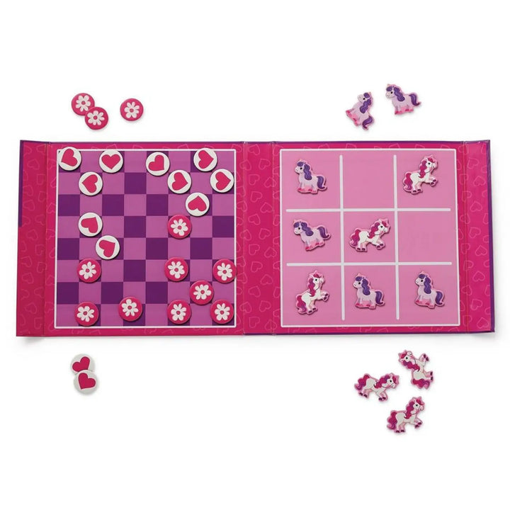 Pink children's checkers game with unicorn pieces on a white background