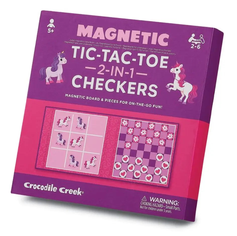 Box of Crocodile Creek magnetic tic-tac-toe and checkers game with unicorns on a white background