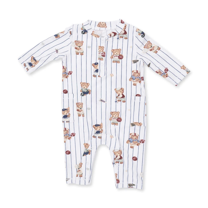 A baby long-sleeve footless romper with vertical navy blue pinstripes and an all-over print of teddy bears holding basketballs, shown on a plain white background.