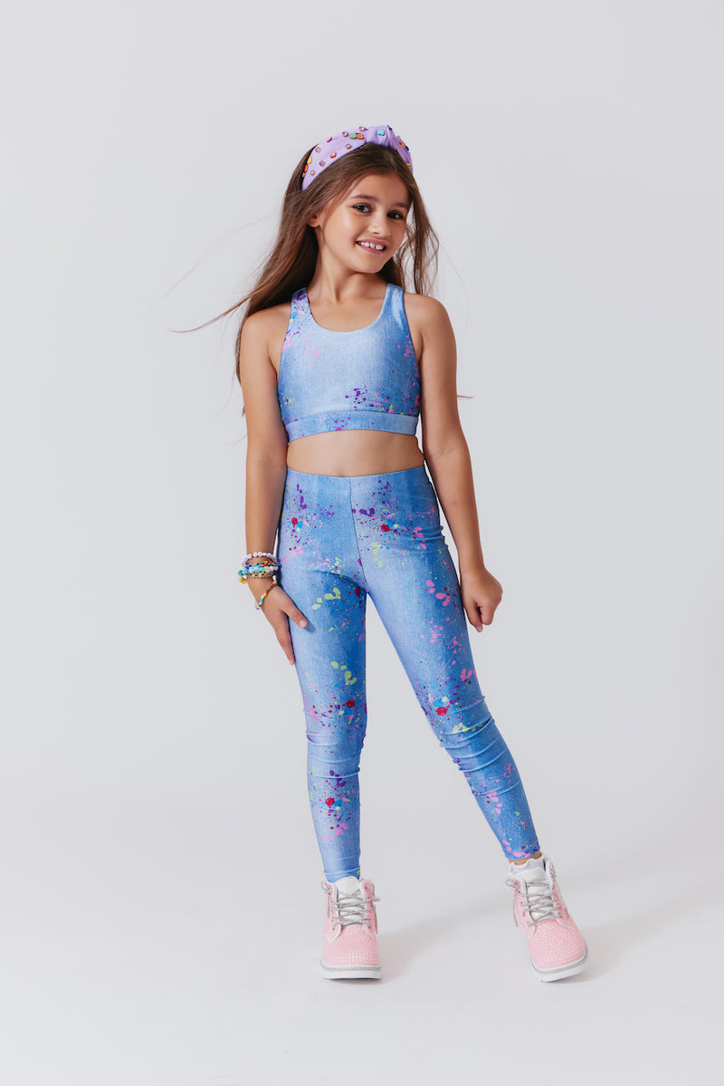 Terez  Bra and Legging in Denim color with Paint Splatter print.