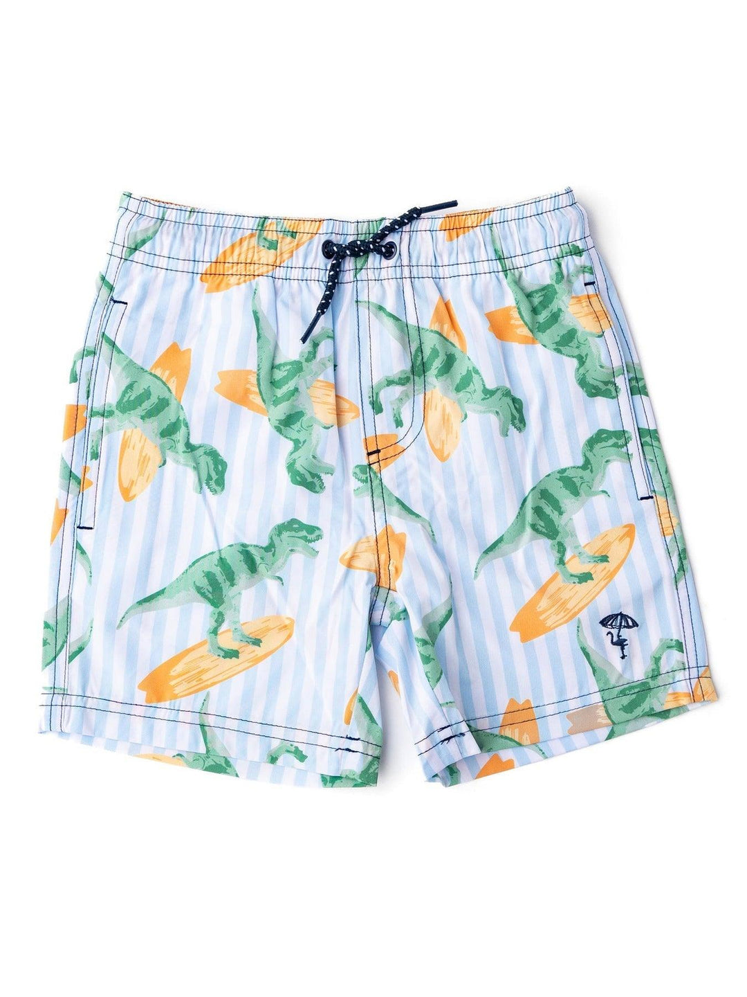 boys swim trunks with drawstring at waist. dino print with blue and white stripes on orange surf board. 