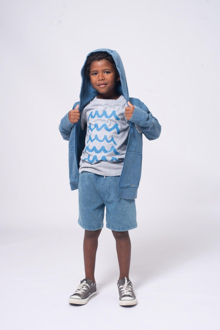 Boy Model wearing the Preston Sunwashed Blue Short from Appaman.