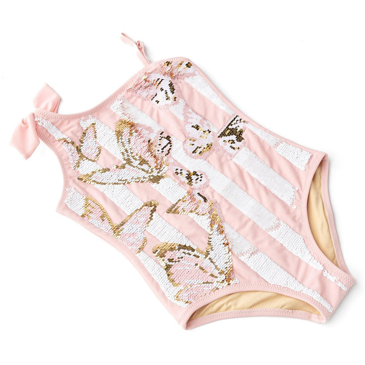 Pink and White Striped One Shoulder Swimsuit from Shade Critters featuring Sequin Butterflies on front of suit.