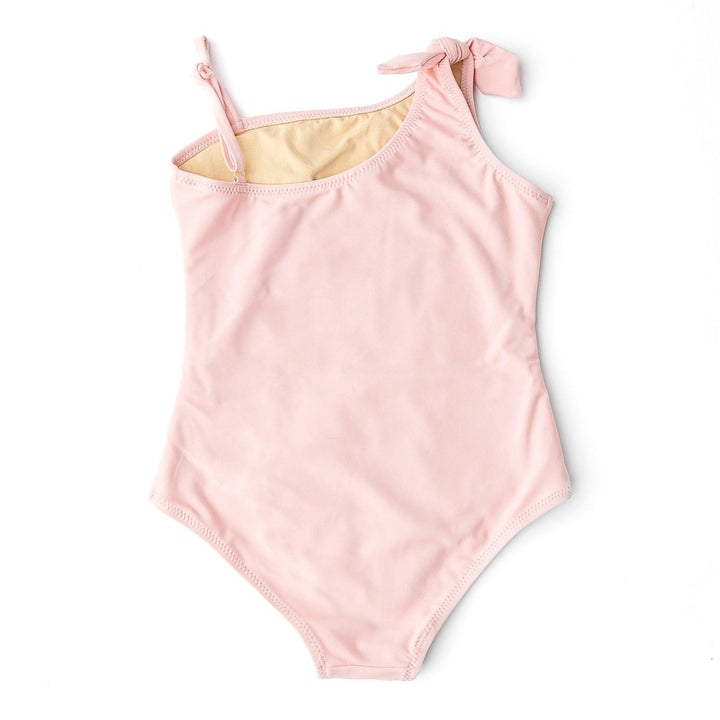 Back of the one shoulder swimsuit piece with sequin butterflies from Shade Critters. It is all light pink in the back.