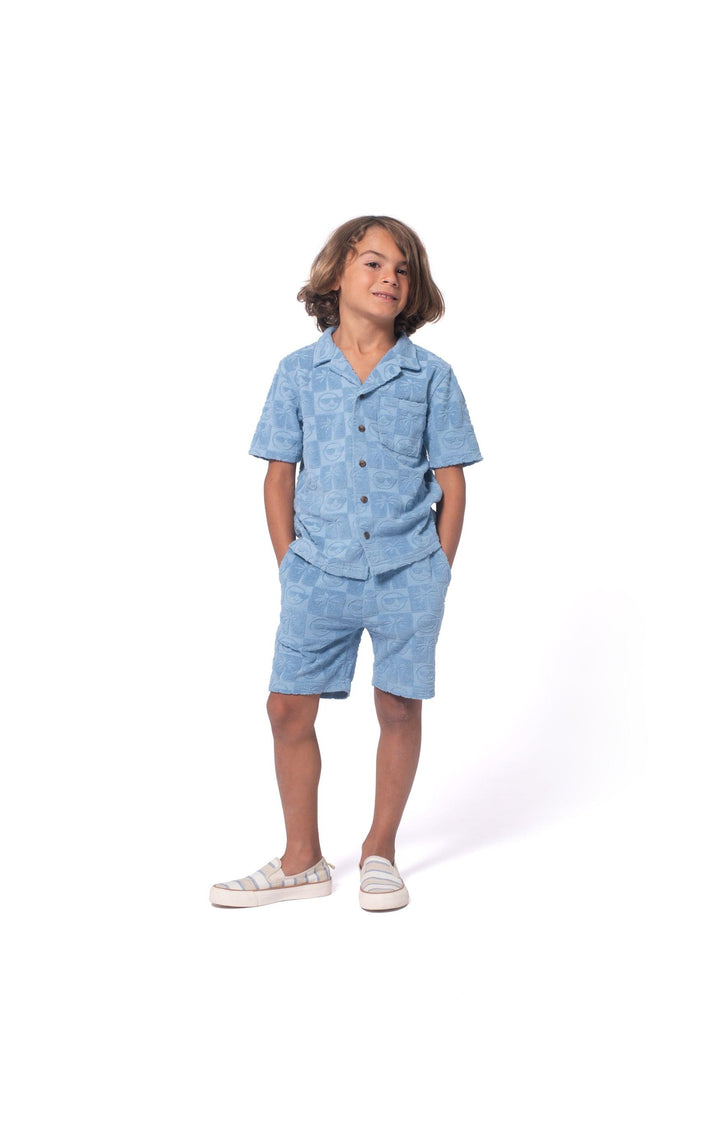 Boy wearing Appamans Denim Blue Resort Shirt and Short together.