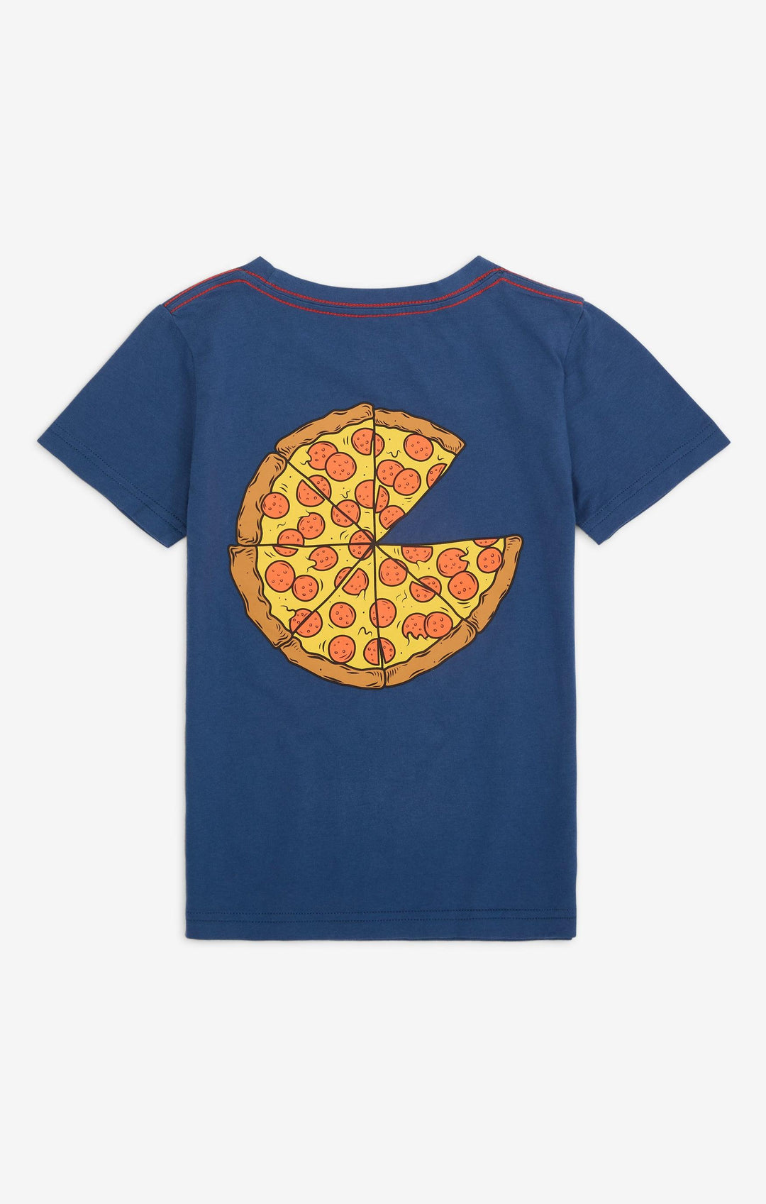 The back of the graphic tee from Appaman featuring a pizza pie missing one slice.