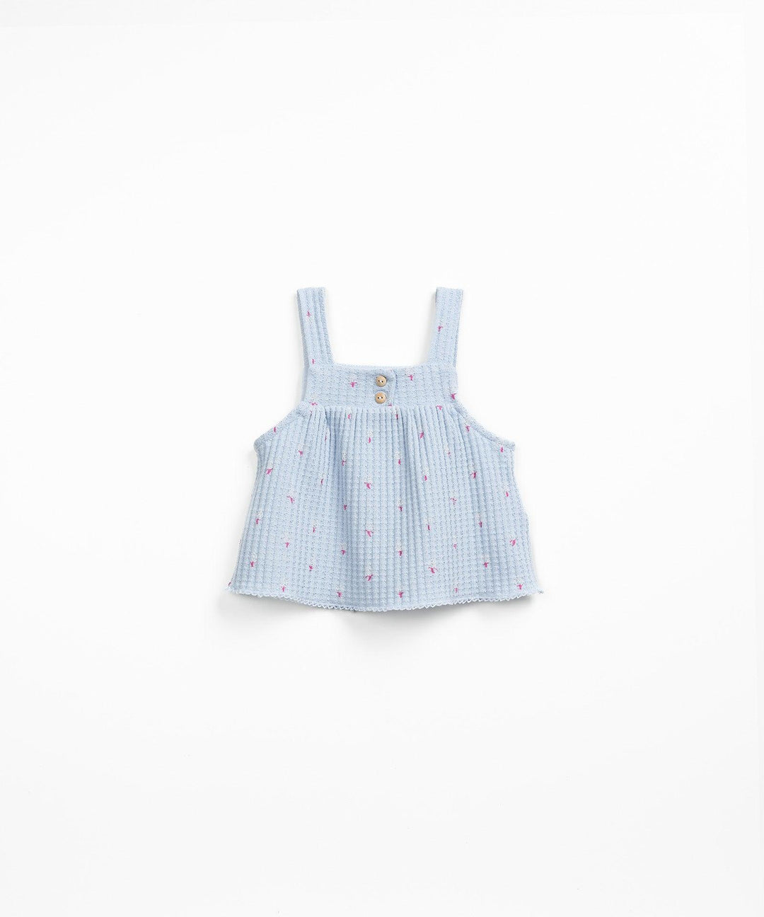 baby girl rib top in light blue with tiny pink flowers on it. two small buttons at the top. 
