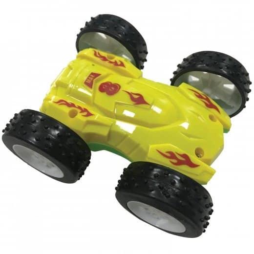 yellow friction flip car with 4 big tires, 2 on either side. 