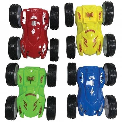 friction flip cars in 4 different colors: Yellow, red, blue and green. big tires on the side