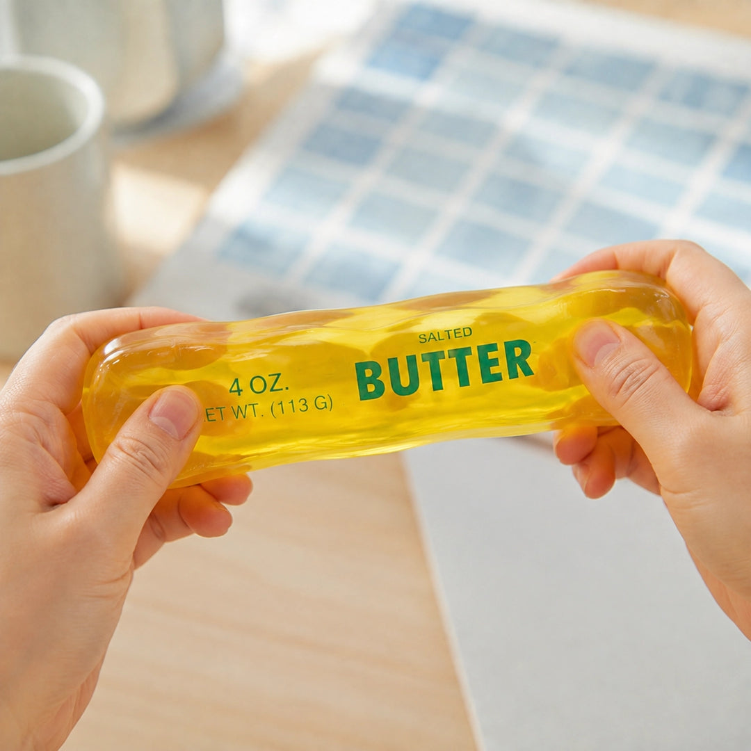 A person's hands holding a translucent yellow squeeze squish toy 'SALTED BUTTER 4 OZ' on a light wooden table with a blurred blue-and-white checkered cloth in the background.