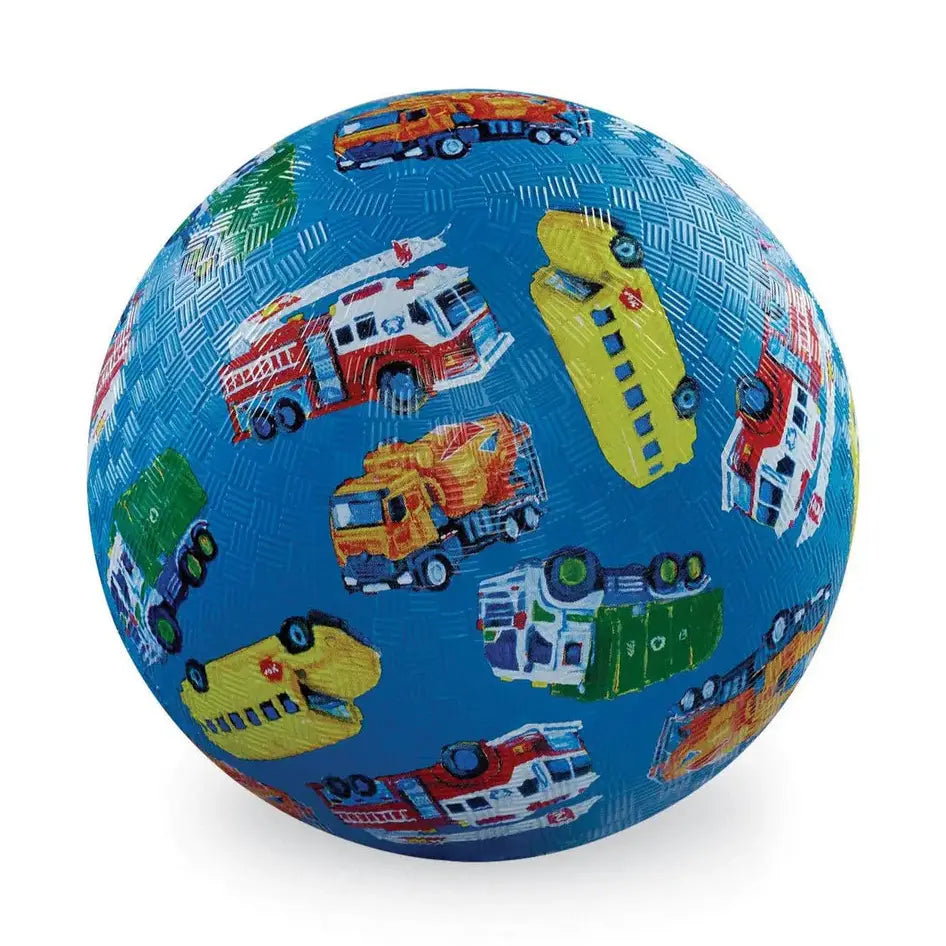 Colorful ball with toy vehicle pattern on a white background