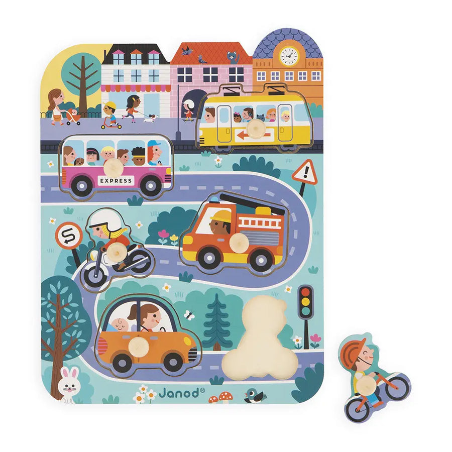 Children's educational puzzle with vehicles and a town scene, featuring the brand Janod.