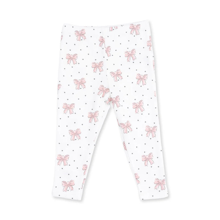 White leggings with an all-over print of pink bows and small gray polka dots, shown flat against a white background.