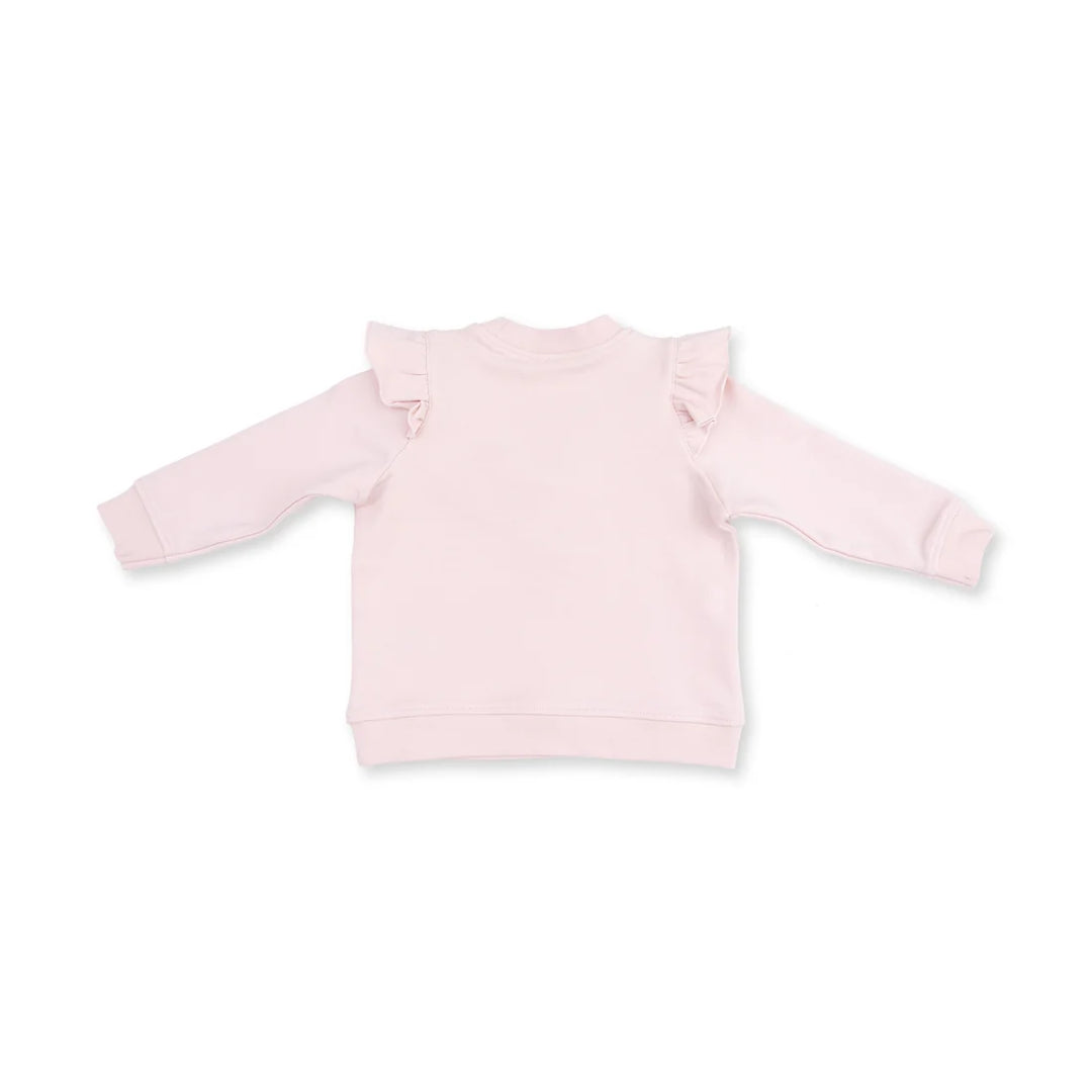 A light pink long-sleeve baby sweatshirt with delicate ruffle details on the shoulders, shown flat against a solid white background.