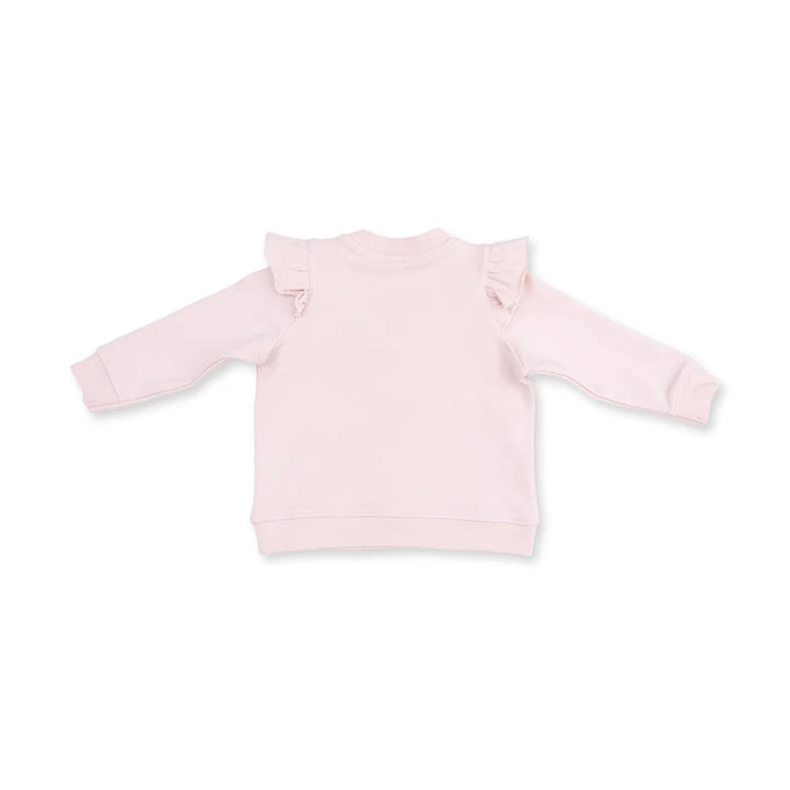 A light pink long-sleeve baby sweatshirt with delicate ruffle details on the shoulders, shown flat against a solid white background.