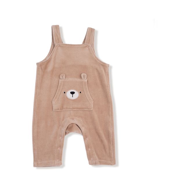 Brown baby romper with bear face design on a white background