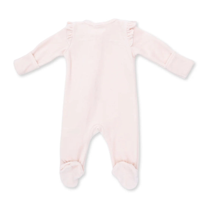 Pink baby onesie with ruffled details on a white background