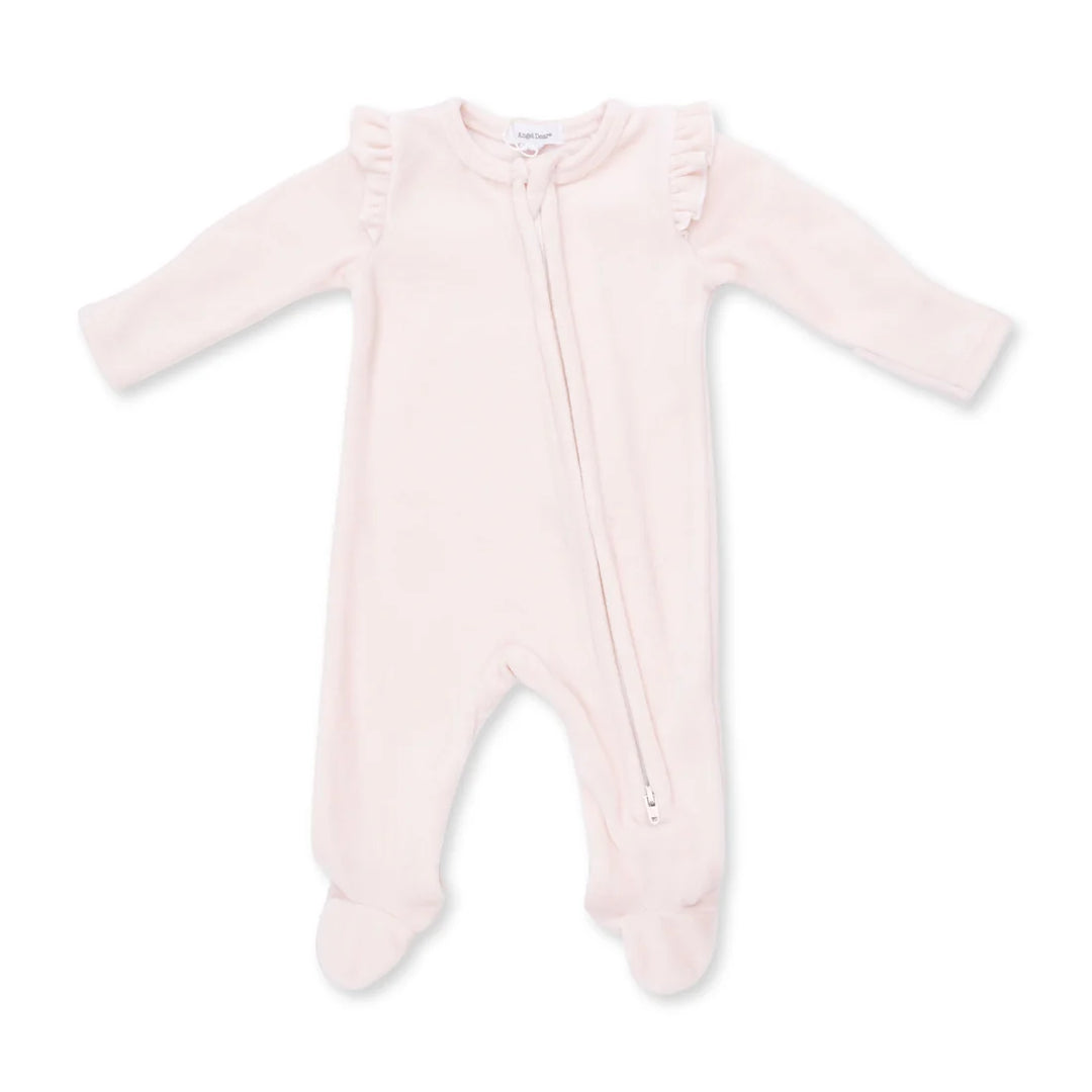 A light pink long-sleeve baby footed sleeper with a front zipper and ruffled collar, shown flat on a white background.