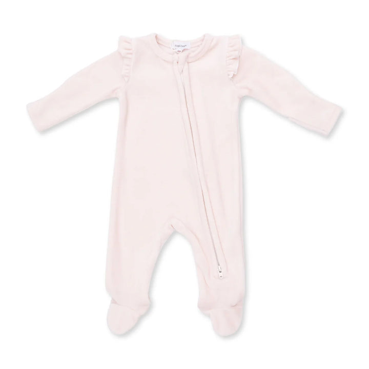 A light pink long-sleeve baby footed sleeper with a front zipper and ruffled collar, shown flat on a white background.