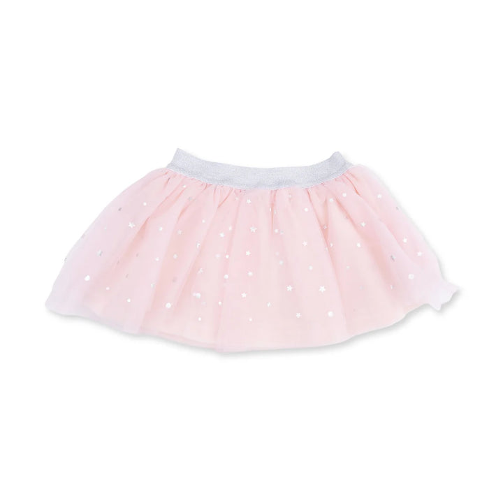 A light pink tulle tutu skirt with small white polka dots and a light gray elastic waistband, shown against a plain white background.